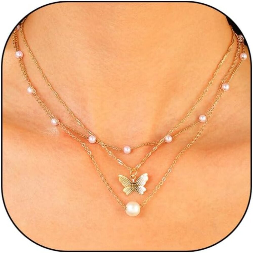 Lightweight Layered Necklace Set with Butterfly Pendant - 14k Gold Charm